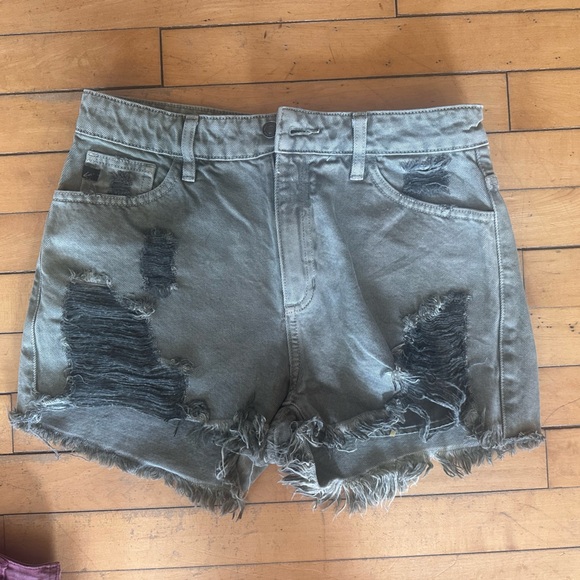 KanCan Pants - KanCan Olive Gray Distressed Denim Shorts
